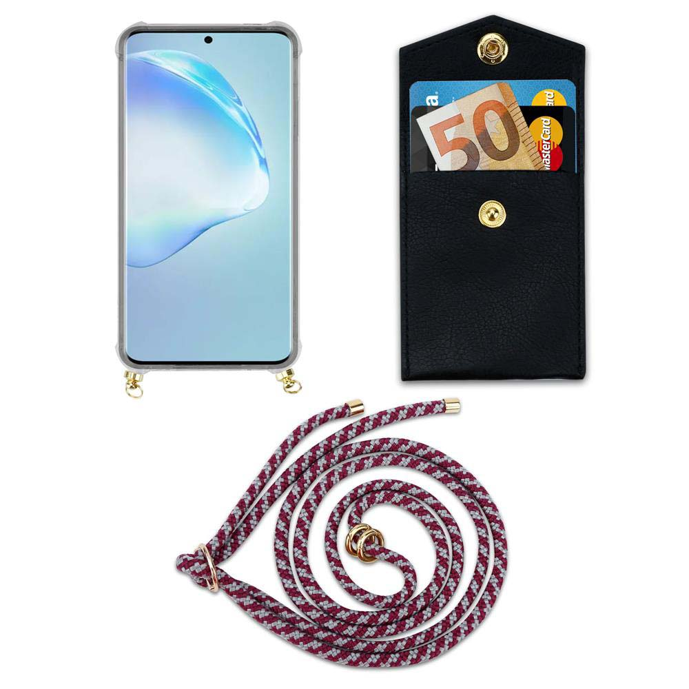 Uno smartphone in custodia trasparente con cordino, accanto a una pochette nera con soldi e carte.