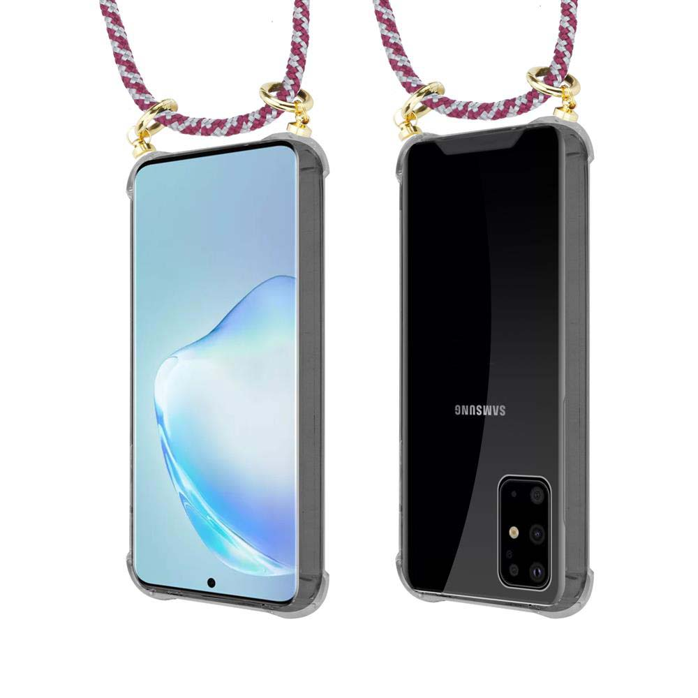 Telefono Samsung in custodia trasparente con laccetto, vista frontale e posteriore.