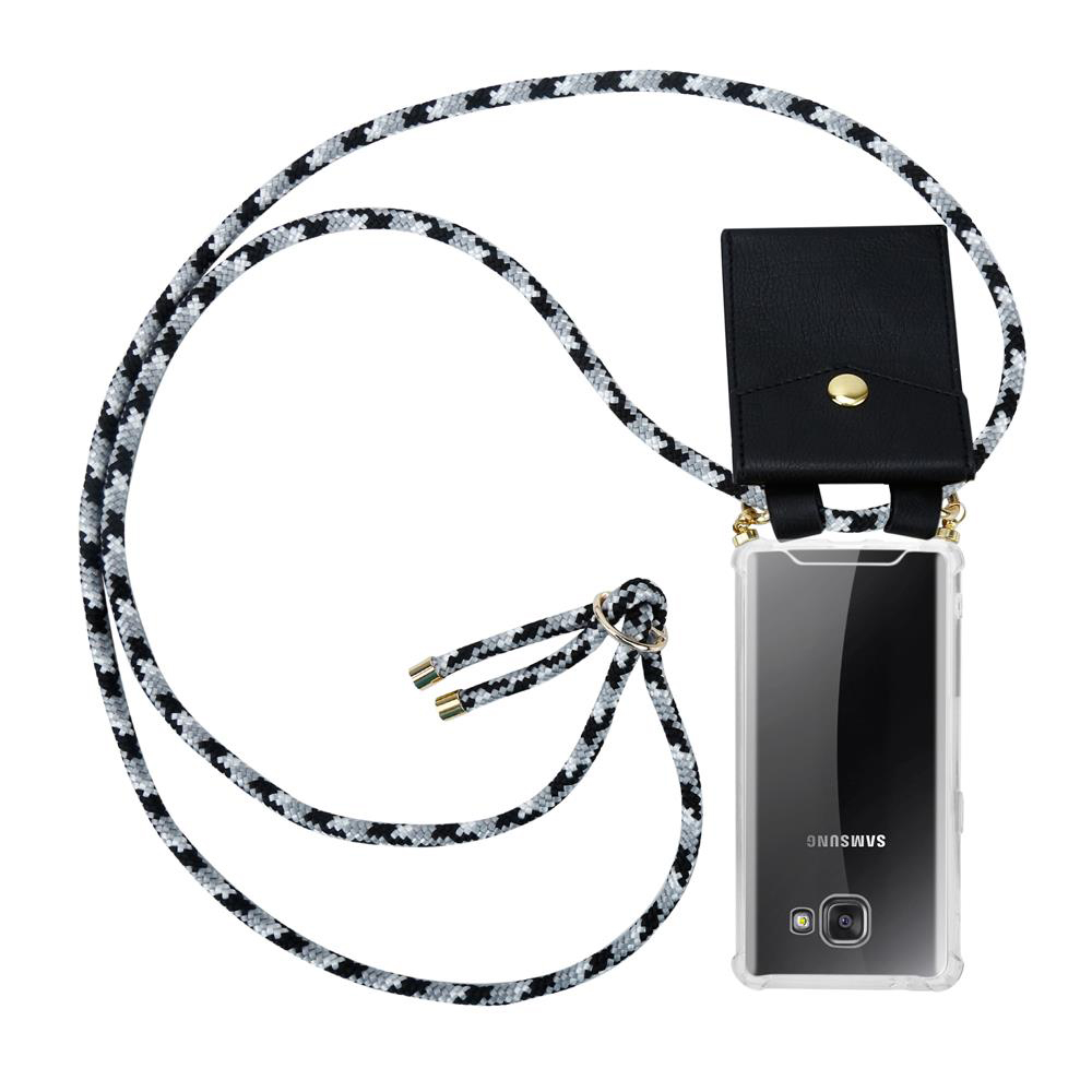 Funda negra para teléfono con correa de cordón ajustable y pequeño bolsillo negro.