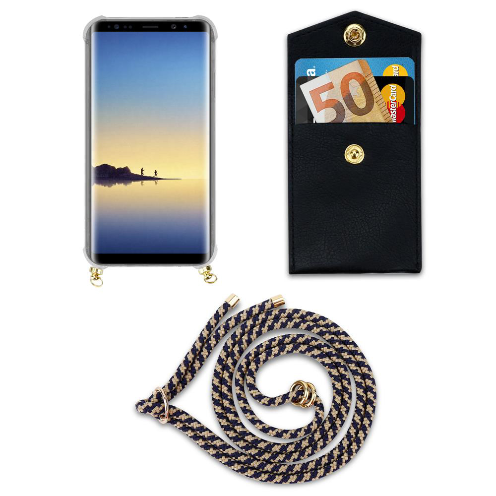 Smartphone con custodia, portafoglio con soldi e carta, e tracolla.