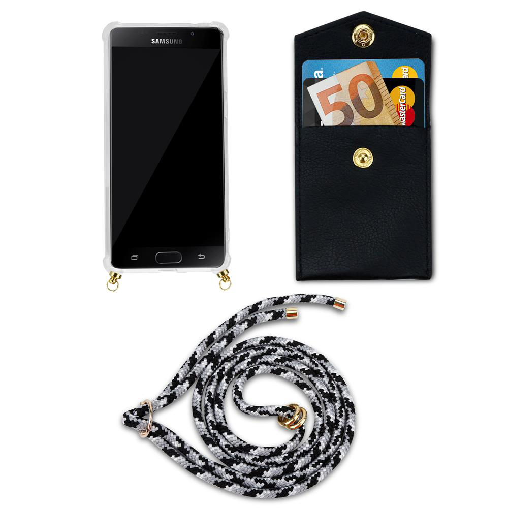 Un Samsung con funda, una cartera negra con tarjetas y dinero, y un cordón.