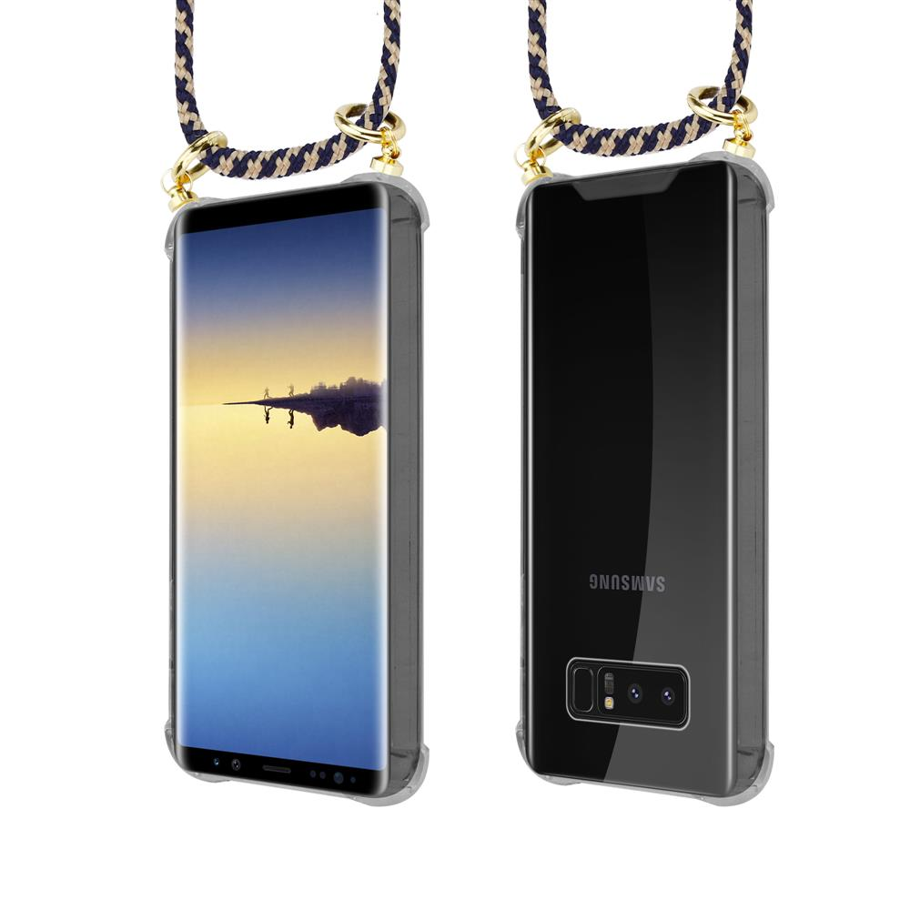 Uno smartphone con cordino, vista frontale e posteriore.
