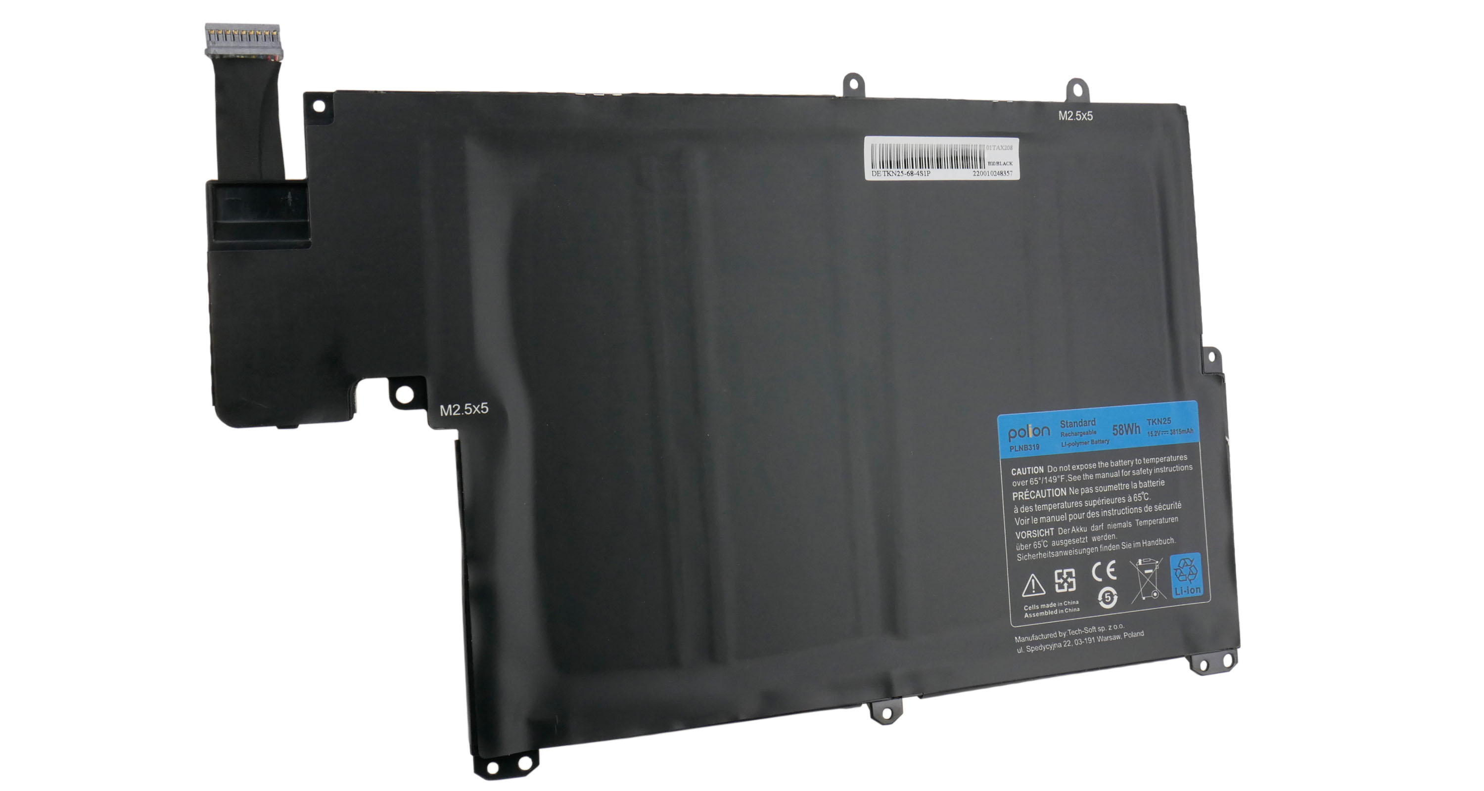 Czarna bateria do laptopa, 58Wh, z kablem i etykietami.