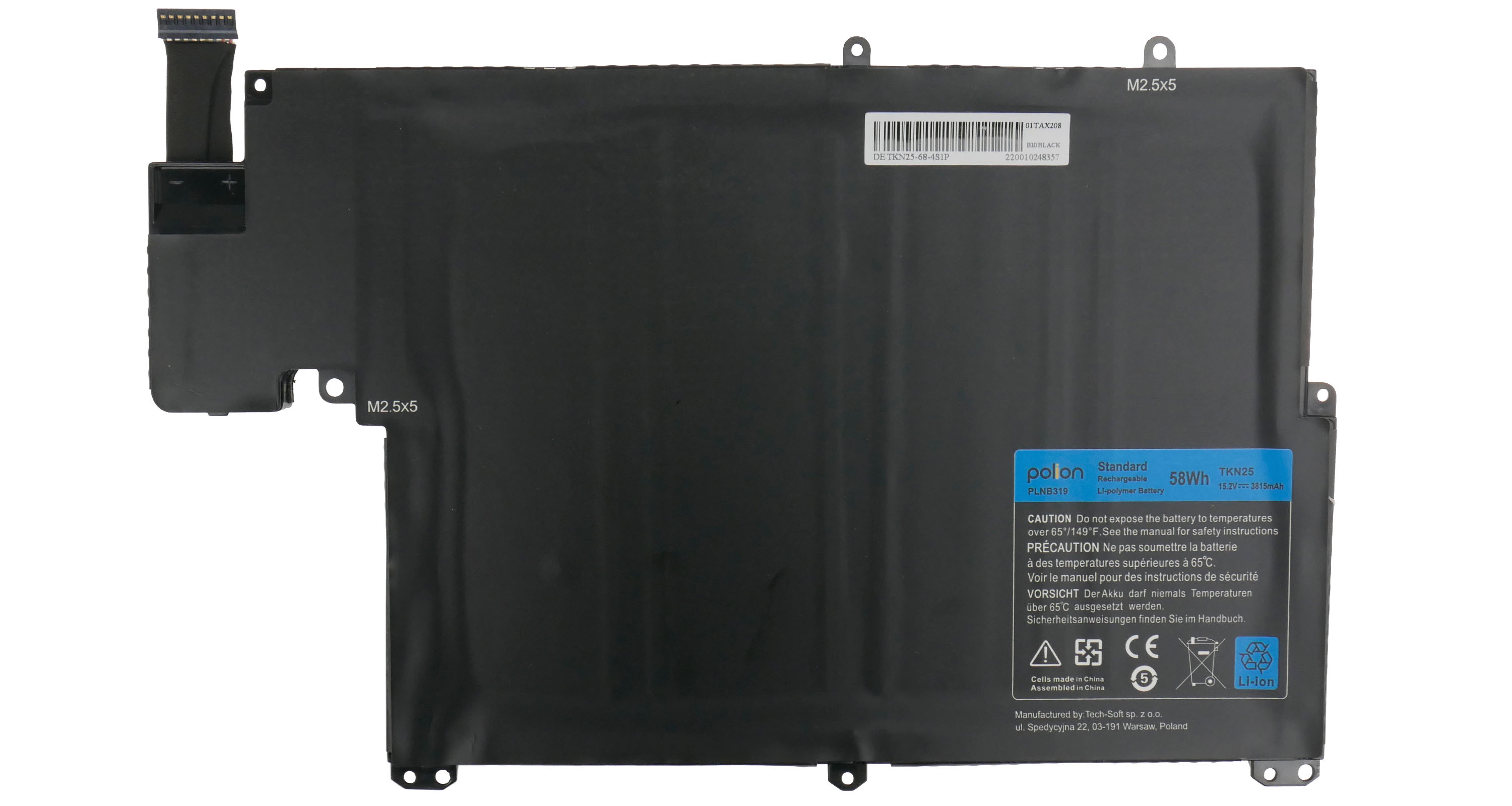 Czarna bateria do laptopa ze złączem kablowym i etykietą z danymi i ostrzeżeniami.