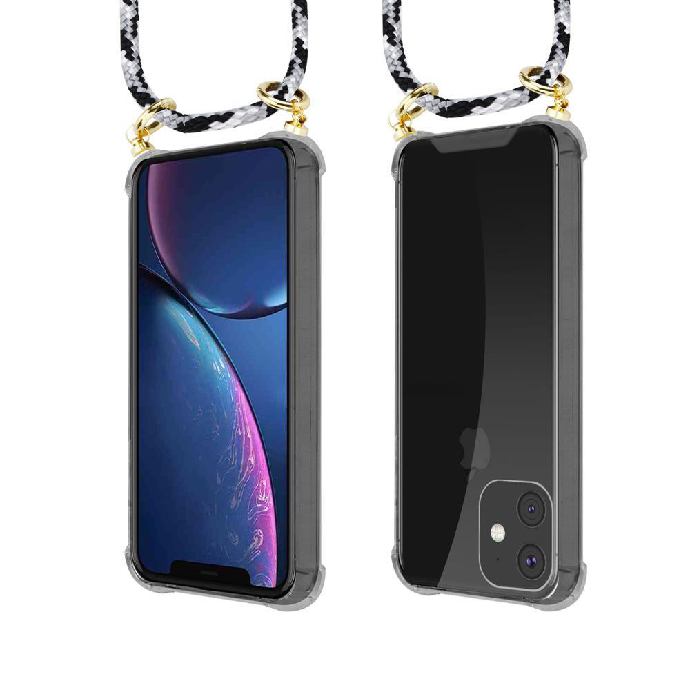 Due iPhone in custodie trasparenti con laccetti. Vista frontale sinistra, posteriore destra.