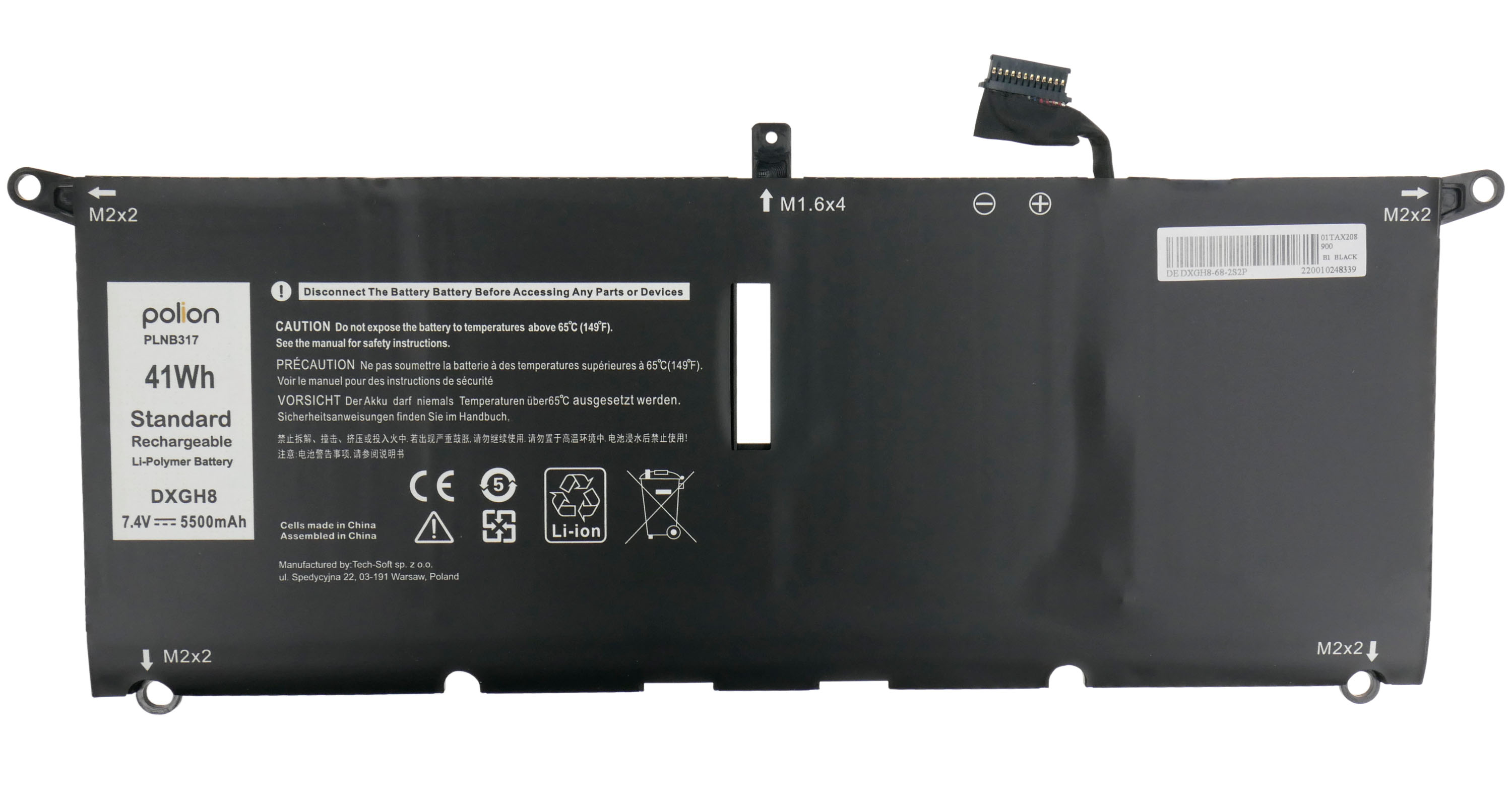 Czarny akumulator litowo-polimerowy z etykietami i kablem.