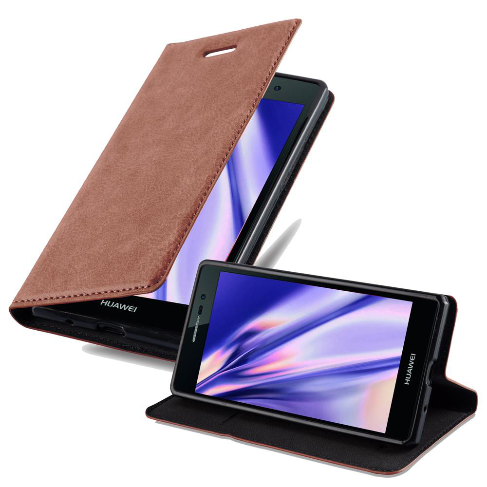 Dos smartphones Huawei en fundas de cuero marrón, una abierta, otra cerrada.