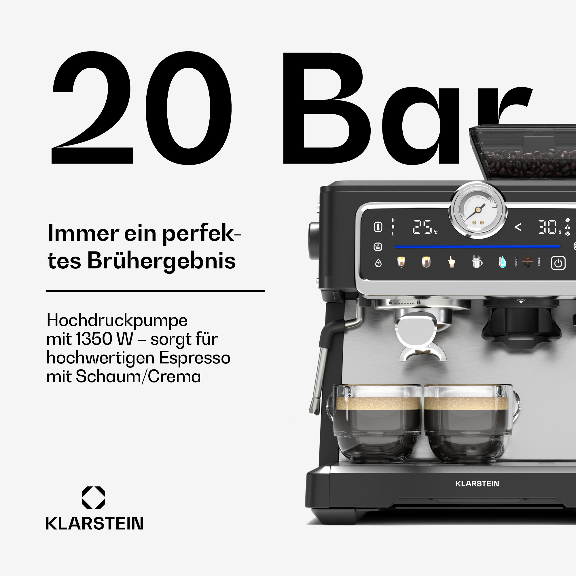Máquina de espresso Klarstein con 20 Bares, 1350 W, dos tazas de espresso.