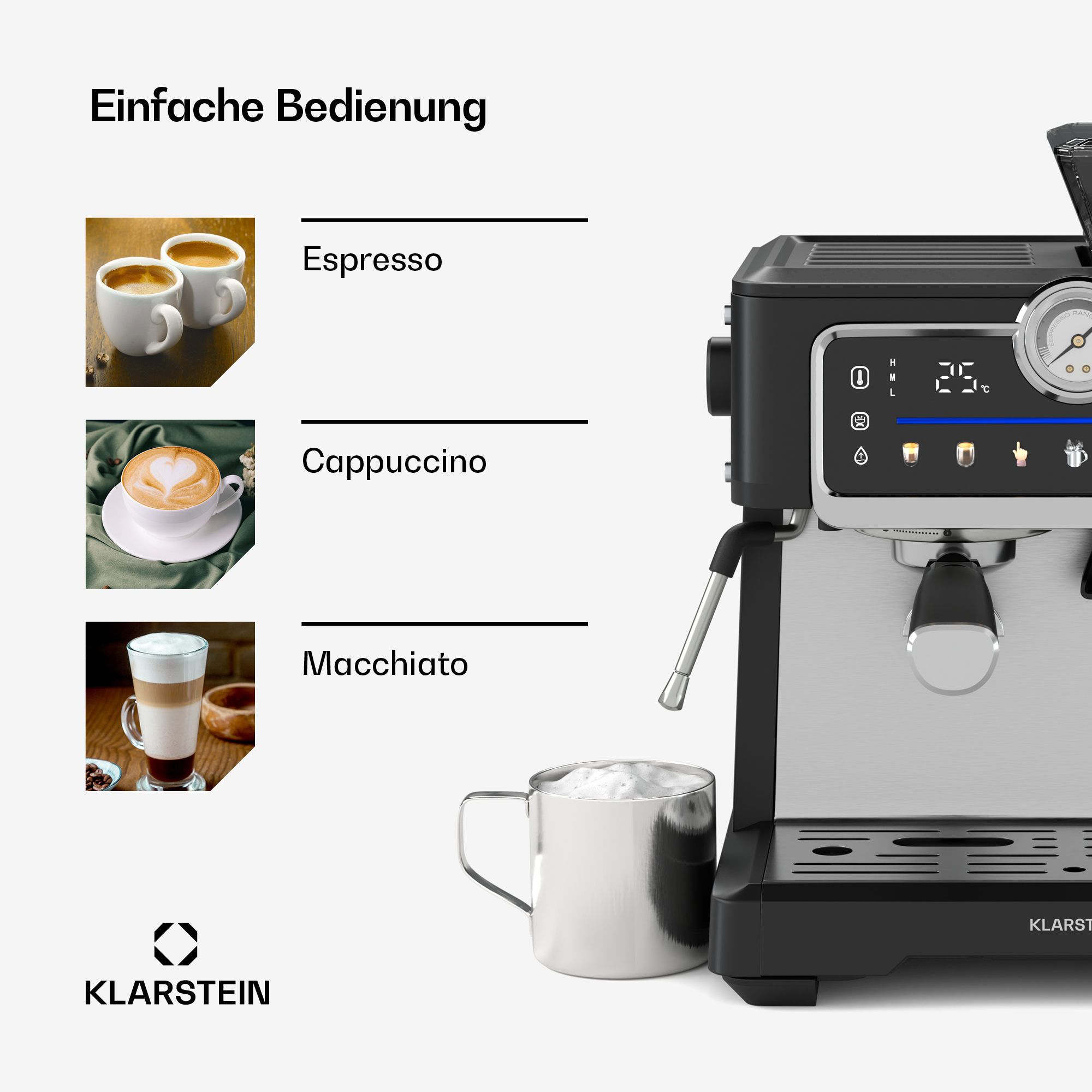 Máquina de café que muestra opciones de Espresso, Cappuccino y Macchiato.