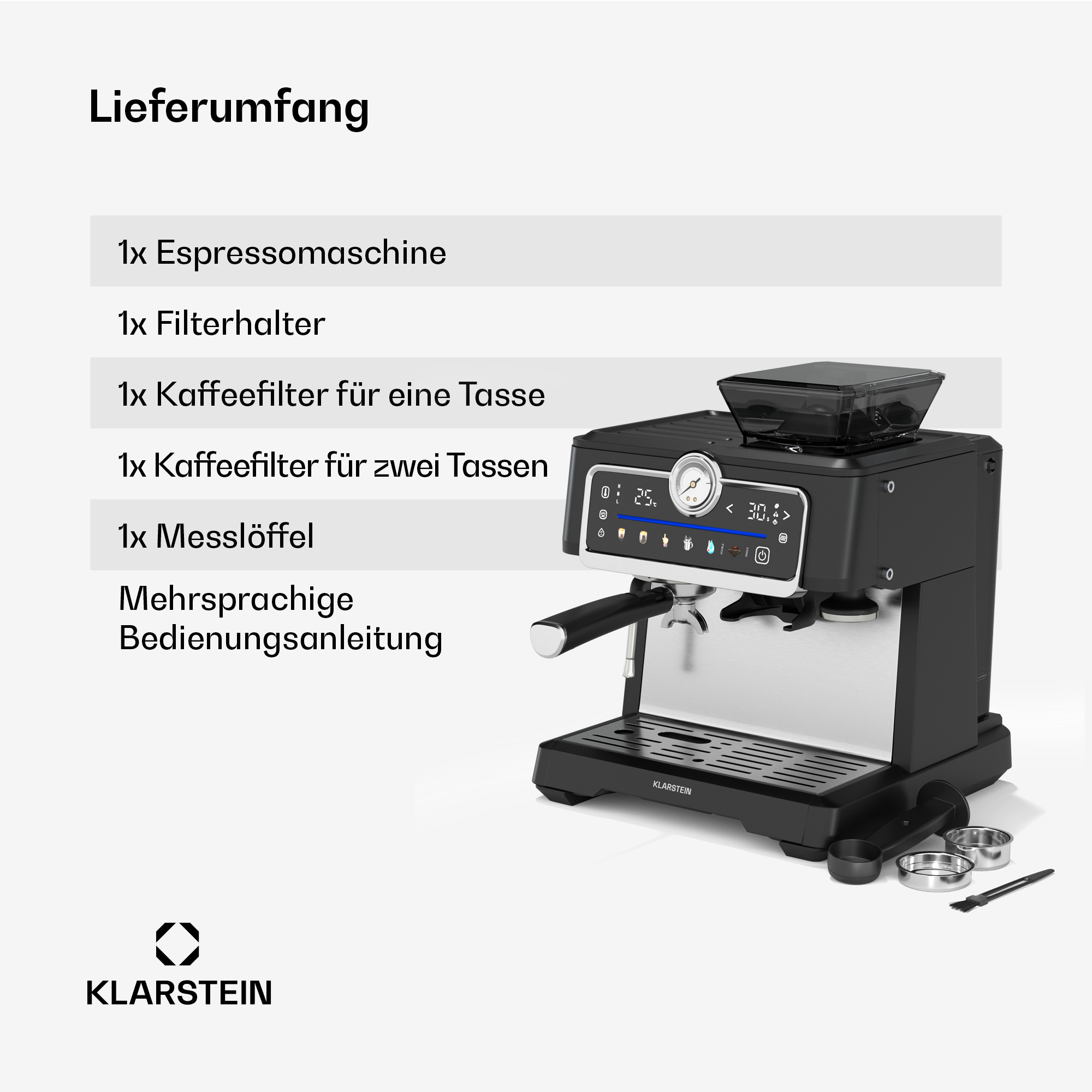 Alcance de entrega de una máquina de espresso negra con accesorios y manual.