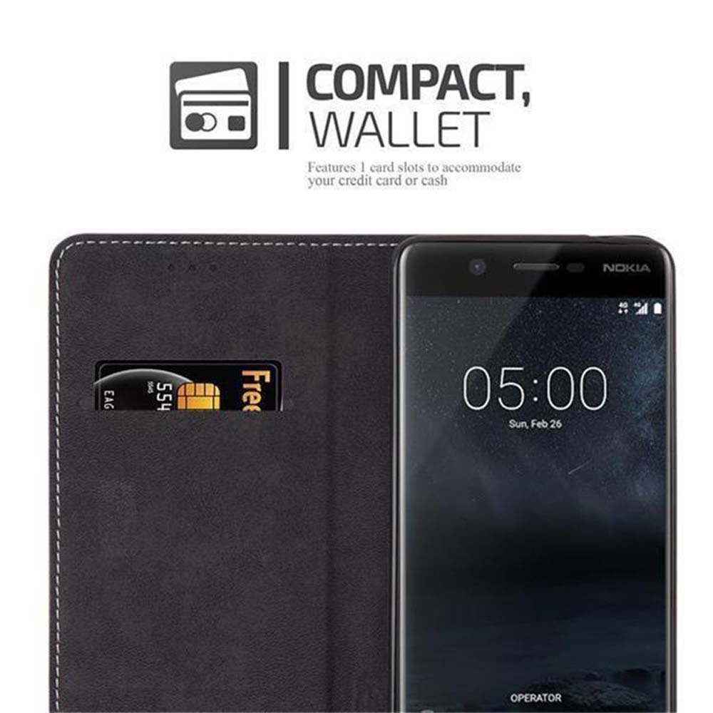 Custodia a portafoglio nera per telefono con slot per carte, mostra un Nokia alle 05:00.