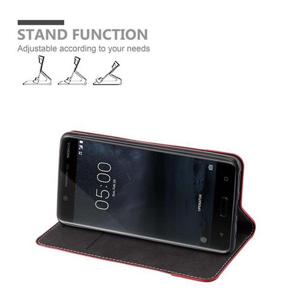 Un Nokia in custodia rossa con funzione stand, mostra le 05:00.