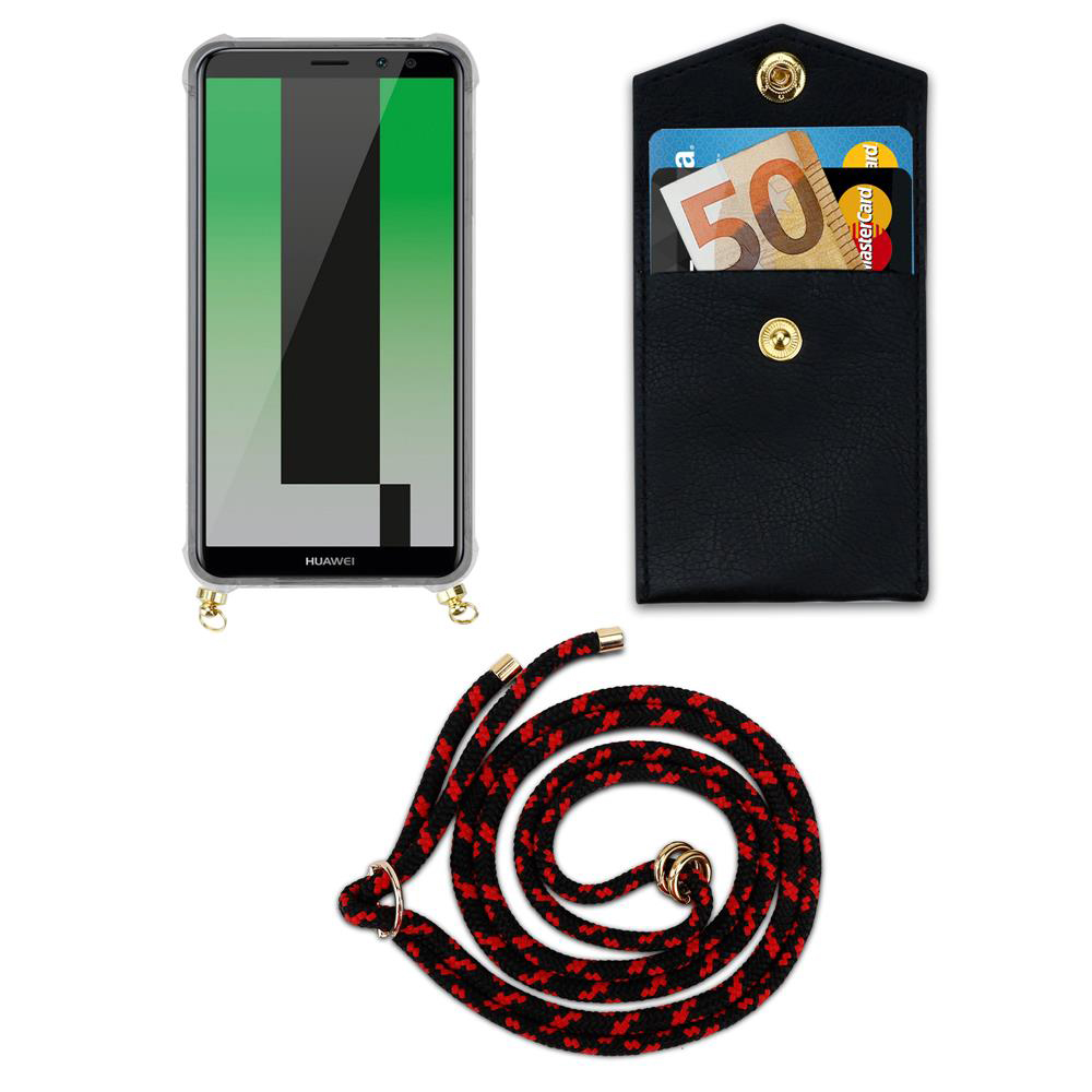 Uno smartphone in custodia, un portafoglio con soldi e carte, e un laccetto.