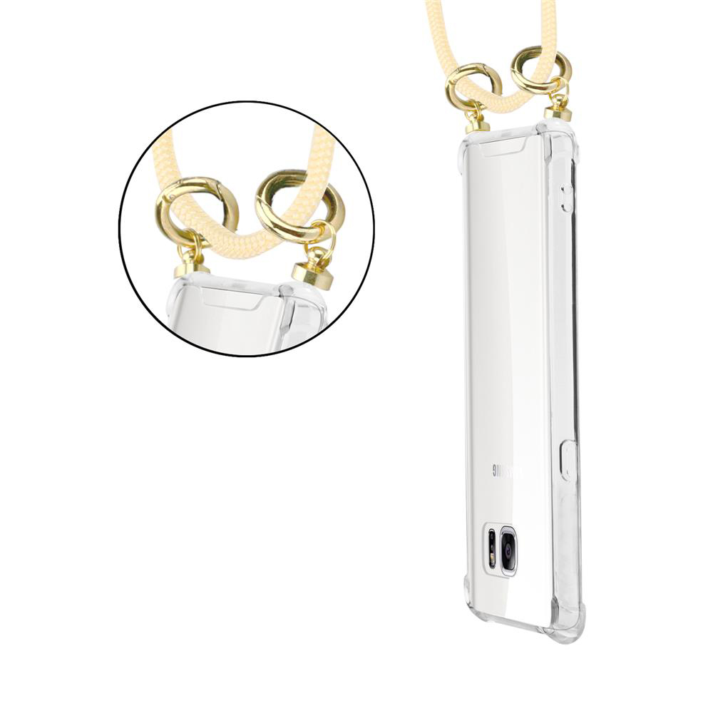 Custodia trasparente per telefono con cordino giallo e hardware dorato.