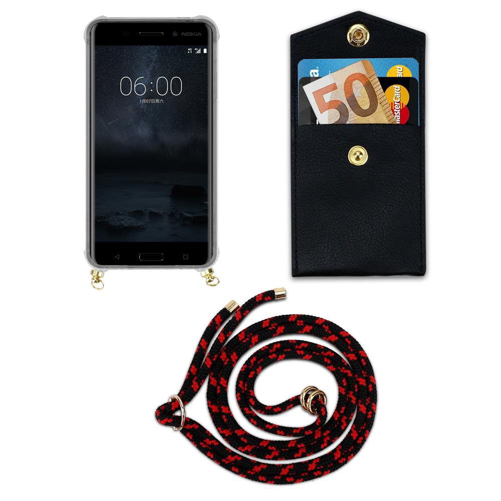 Ein Nokia-Smartphone mit schwarzer Hülle, eine schwarze Tasche mit Geld und Karten, und eine Schnur.