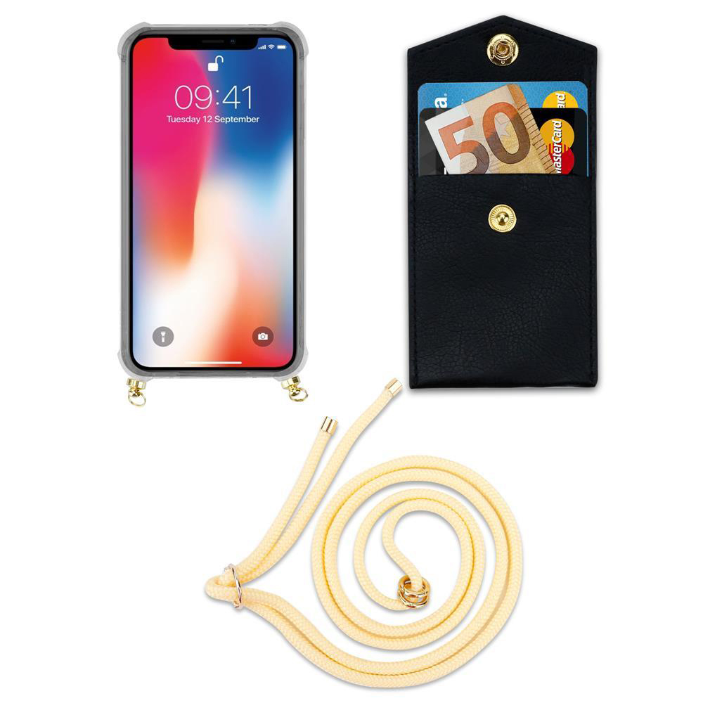 Uno smartphone in custodia, una tasca nera con soldi e carte, e un cinturino.