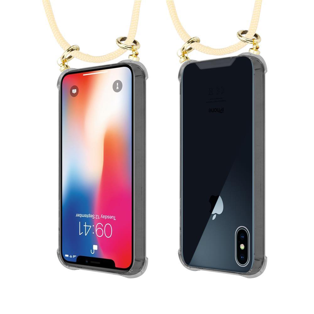 Due iPhone in custodie trasparenti con laccetti su sfondo bianco.