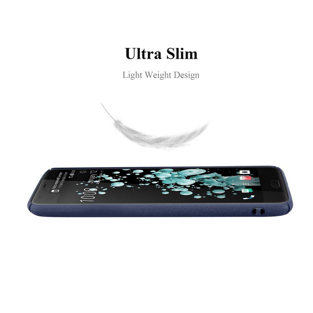Ein blaues Smartphone mit einem Feder-Symbol und Text darüber.