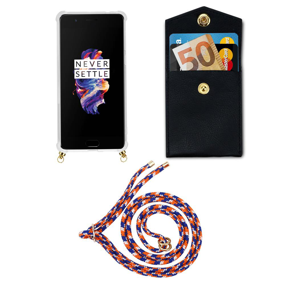 Ein Smartphone mit durchsichtigem Hülle, eine schwarze Tasche mit Karten und Geld, und eine Kordel.