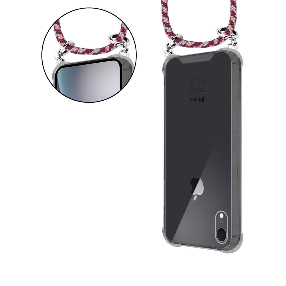 Ein transparentes iPhone-Case mit einer Kordel in Rot und Weiß, befestigt an silbernen Ringen.