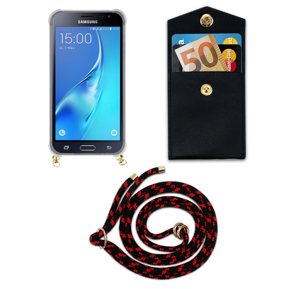 Uno smartphone con un portafoglio e un cordino su sfondo bianco.