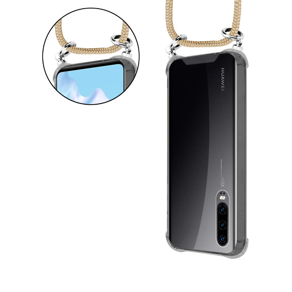 Smartphone in custodia trasparente con cordino, fotocamera posteriore visibile.