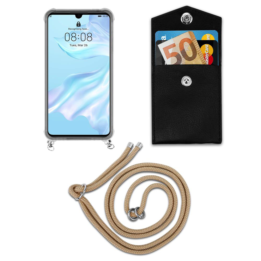 Smartphone con banconota da 50 euro, carta e cordino su sfondo bianco.