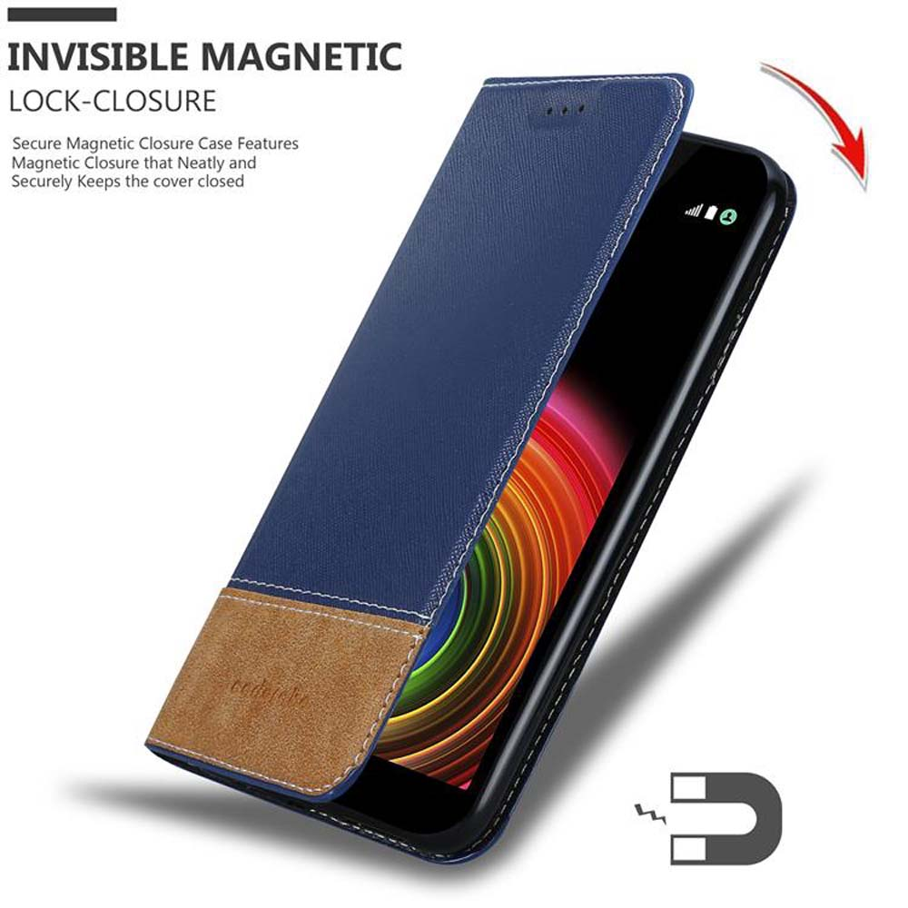 Custodia blu per telefono con dettaglio in pelle marrone, chiusura magnetica.