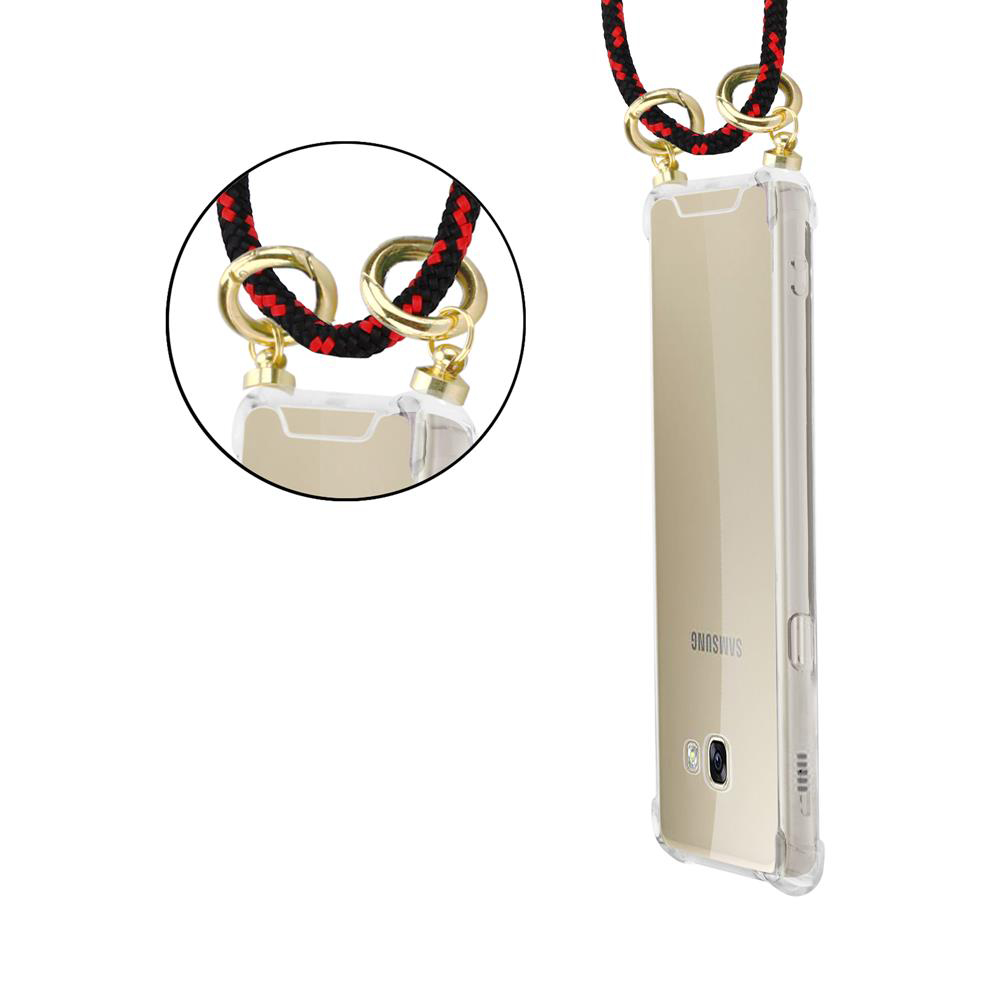 Uno smartphone in una custodia trasparente con cinturino in corda rosso e nero.
