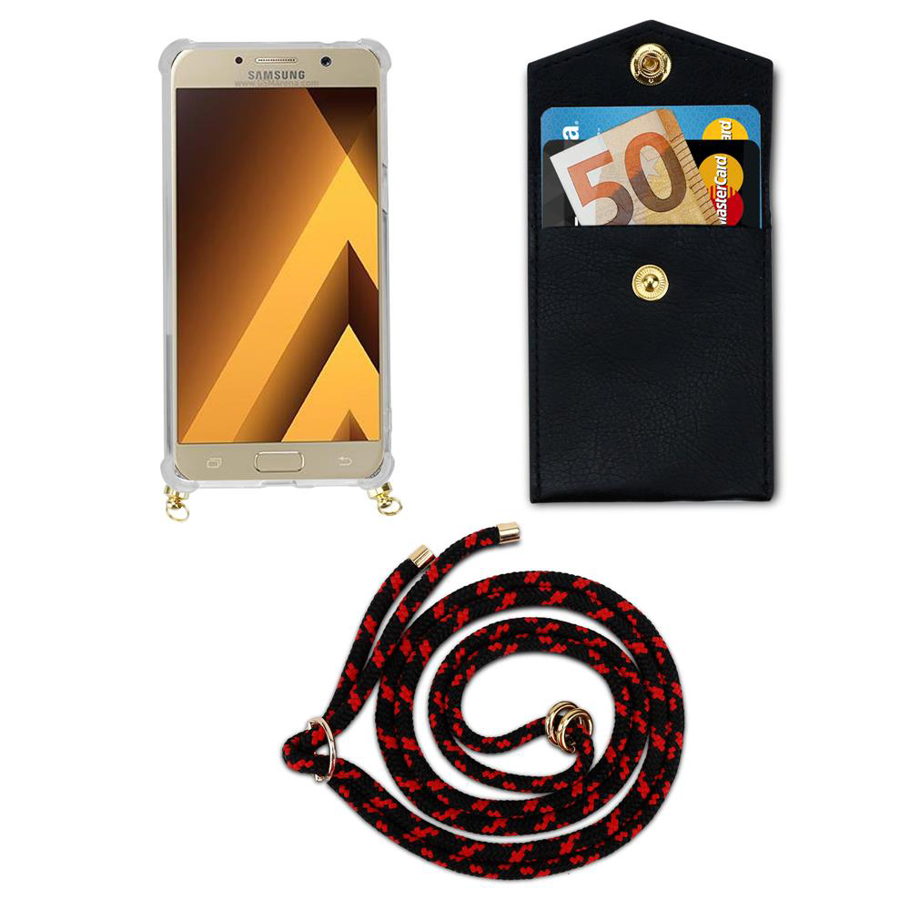 Un telefono in custodia, un portafoglio nero con soldi e carte, e una corda.