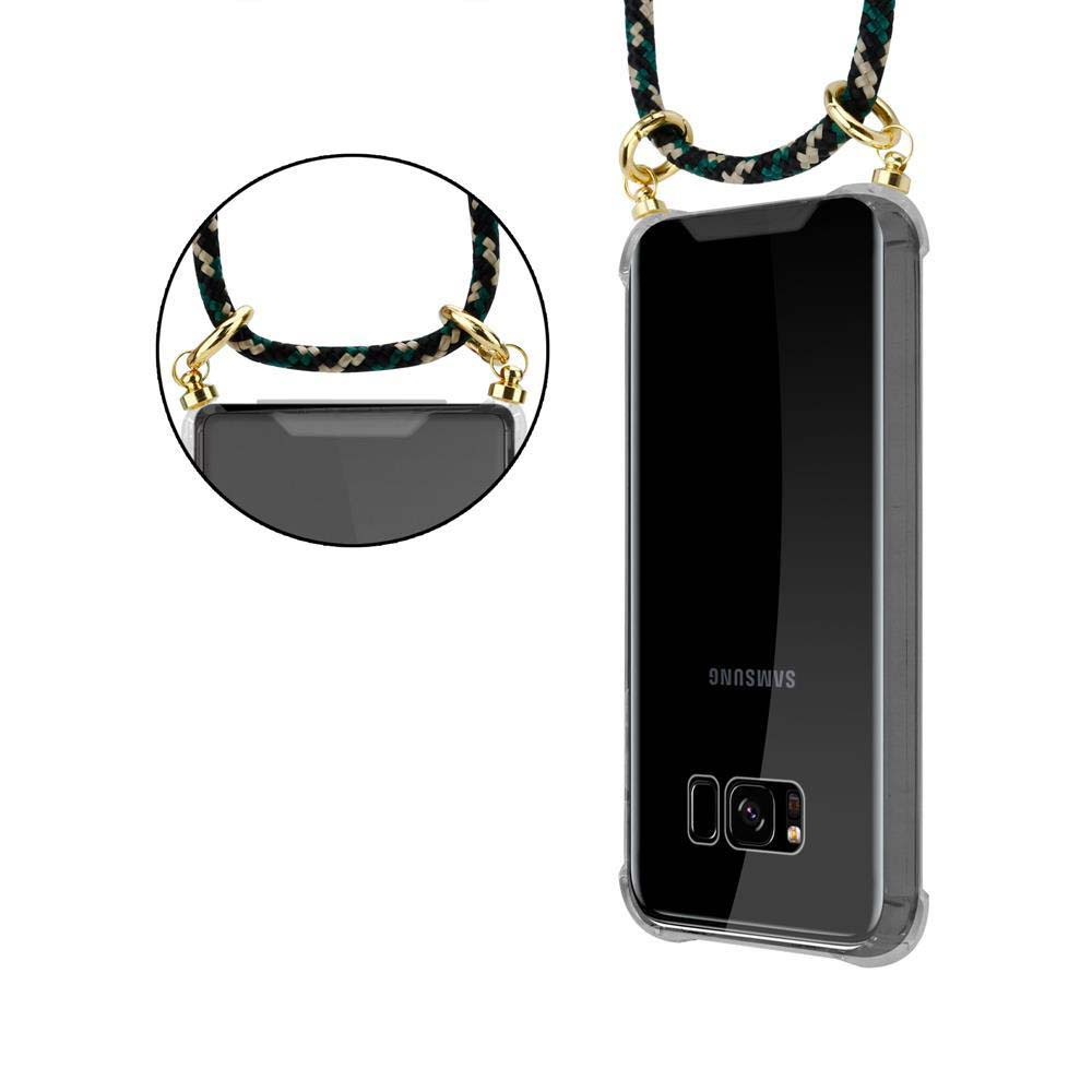 Uno smartphone Samsung nero in custodia trasparente con laccetto intrecciato.