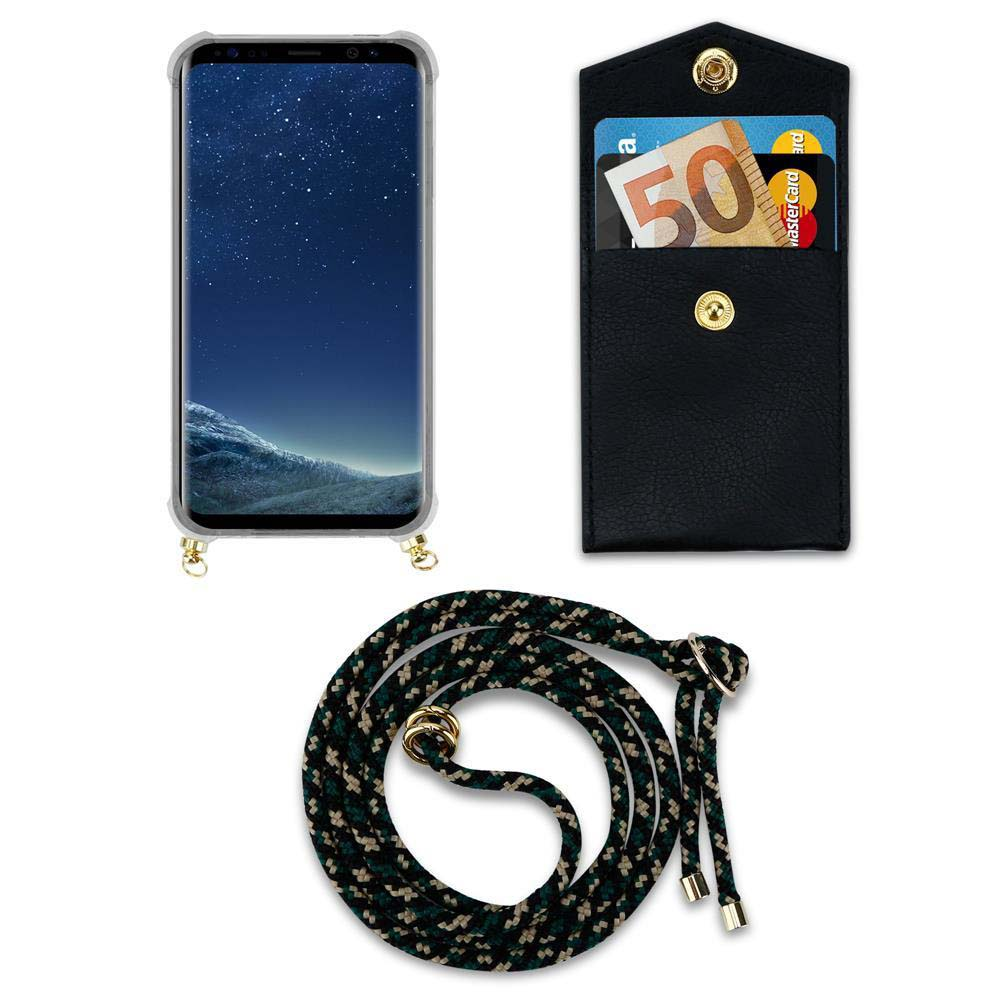 Smartphone in custodia, porta carte con soldi e carte, e cordino.
