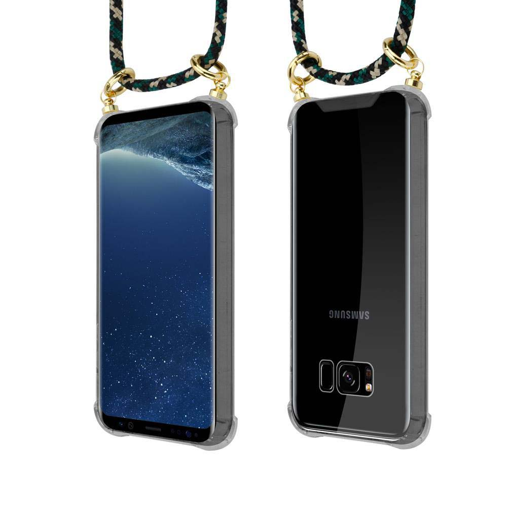 Uno smartphone in custodia trasparente con cordino.