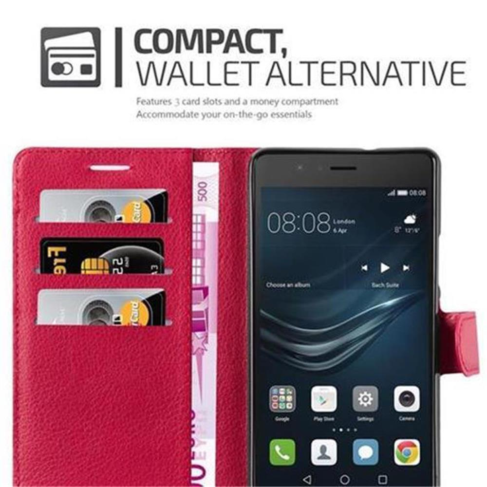 Custodia a portafoglio rossa con telefono, 3 slot per carte e scomparto per contanti.