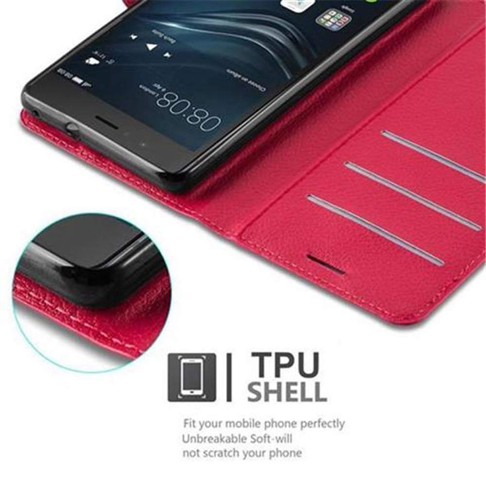 Custodia a libro rossa per telefono con smartphone che mostra le 08:08.