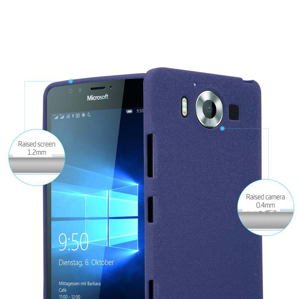 Una cover blu scuro per telefono con protezione rialzata per schermo e fotocamera.