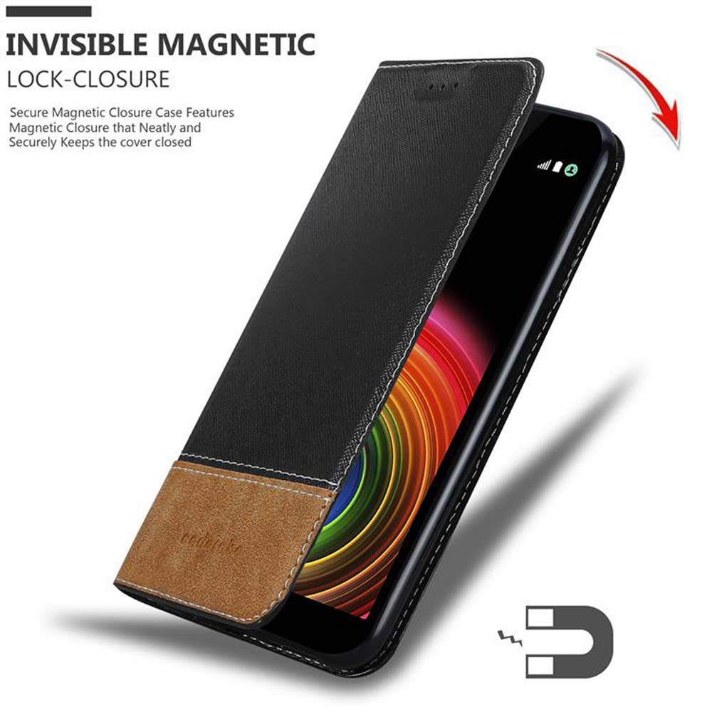 Custodia nera per telefono con inserto marrone, chiusura magnetica. Freccia mostra la chiusura.