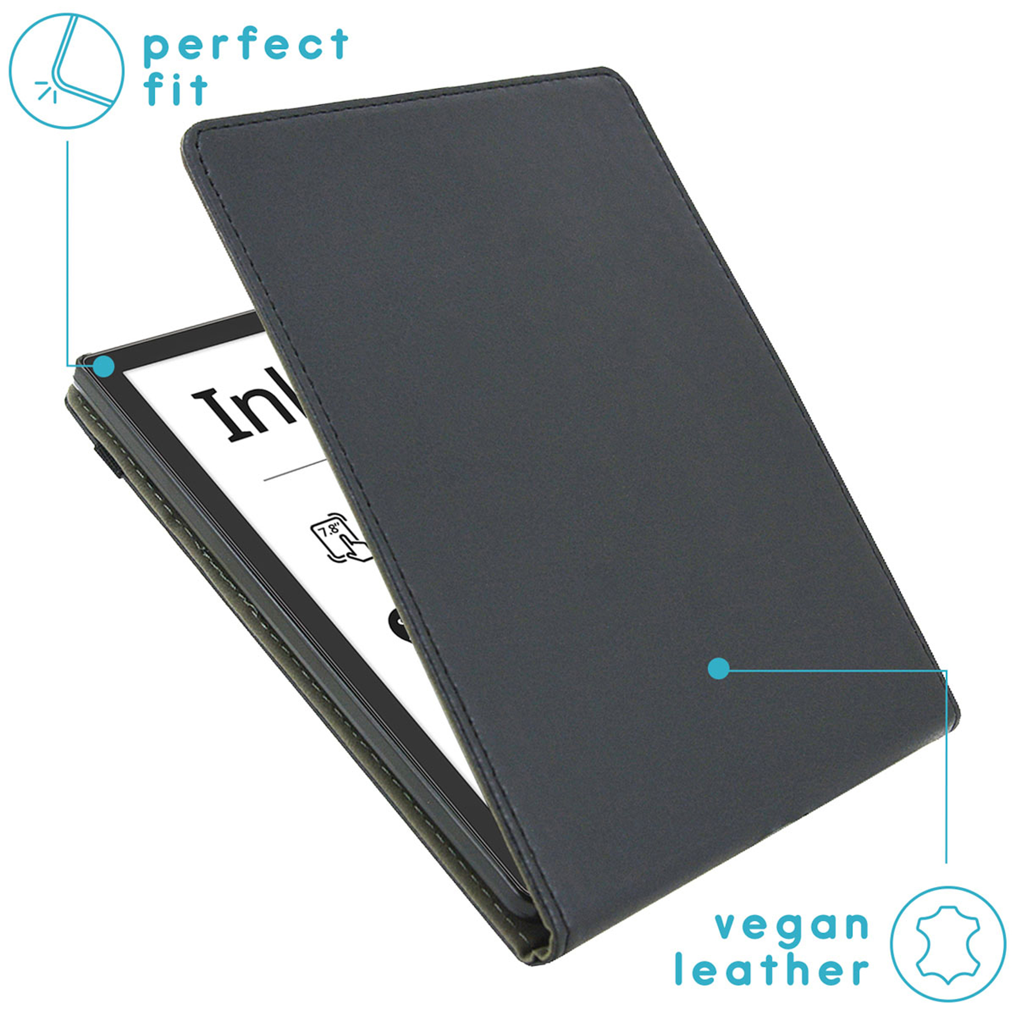 Étui e-reader en cuir vegan gris foncé avec un ajustement parfait.
