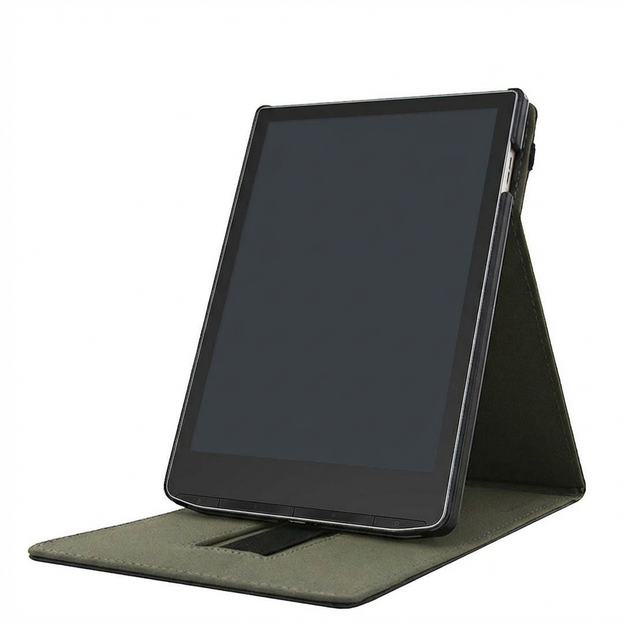 Une tablette sombre dans un étui vert se dresse sur fond blanc.