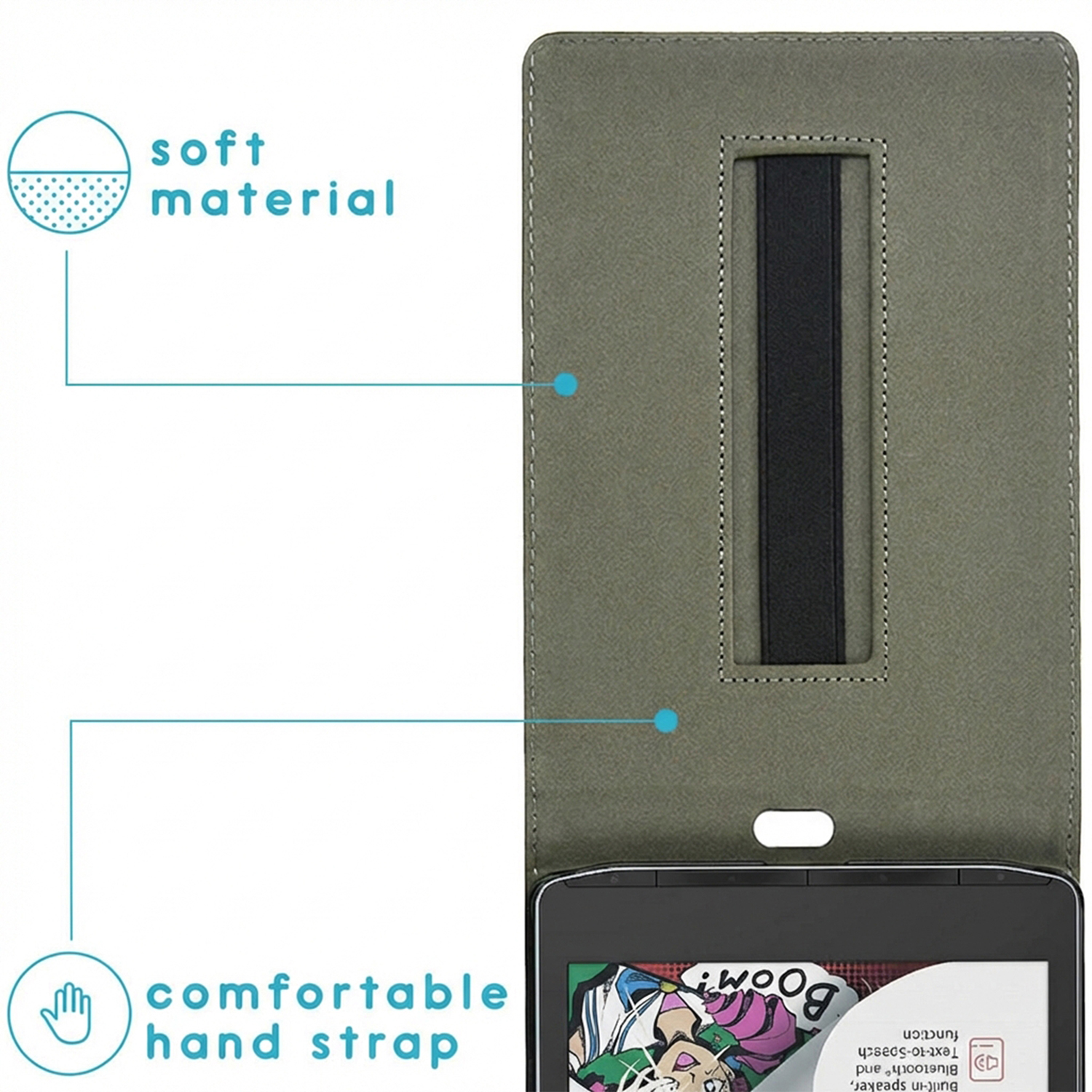 Une housse de tablette grise avec des indications 'matériau doux' et 'sangle de main confortable'.