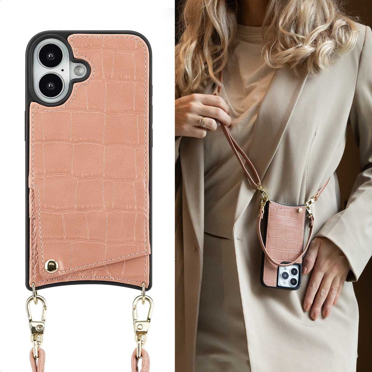 Roze krokodillenleren telefoonhoes met koord, gedragen door vrouw in beige.
