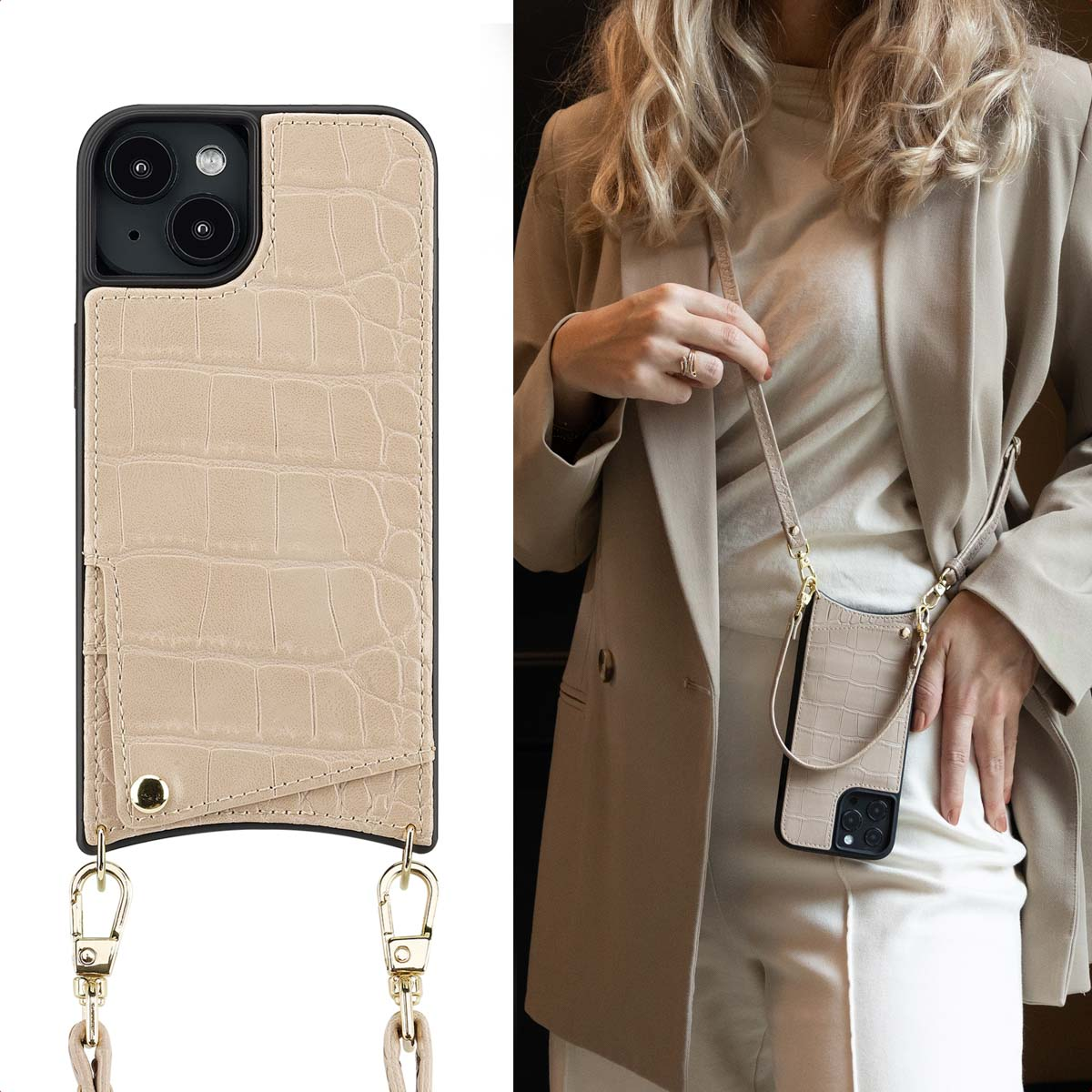 Beige krokodillenleren telefoonhoes met riem, gedragen door een vrouw.