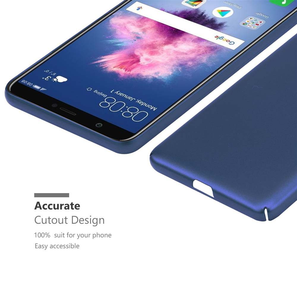 Telefono blu scuro in una custodia, lo schermo mostra l'ora e il meteo.