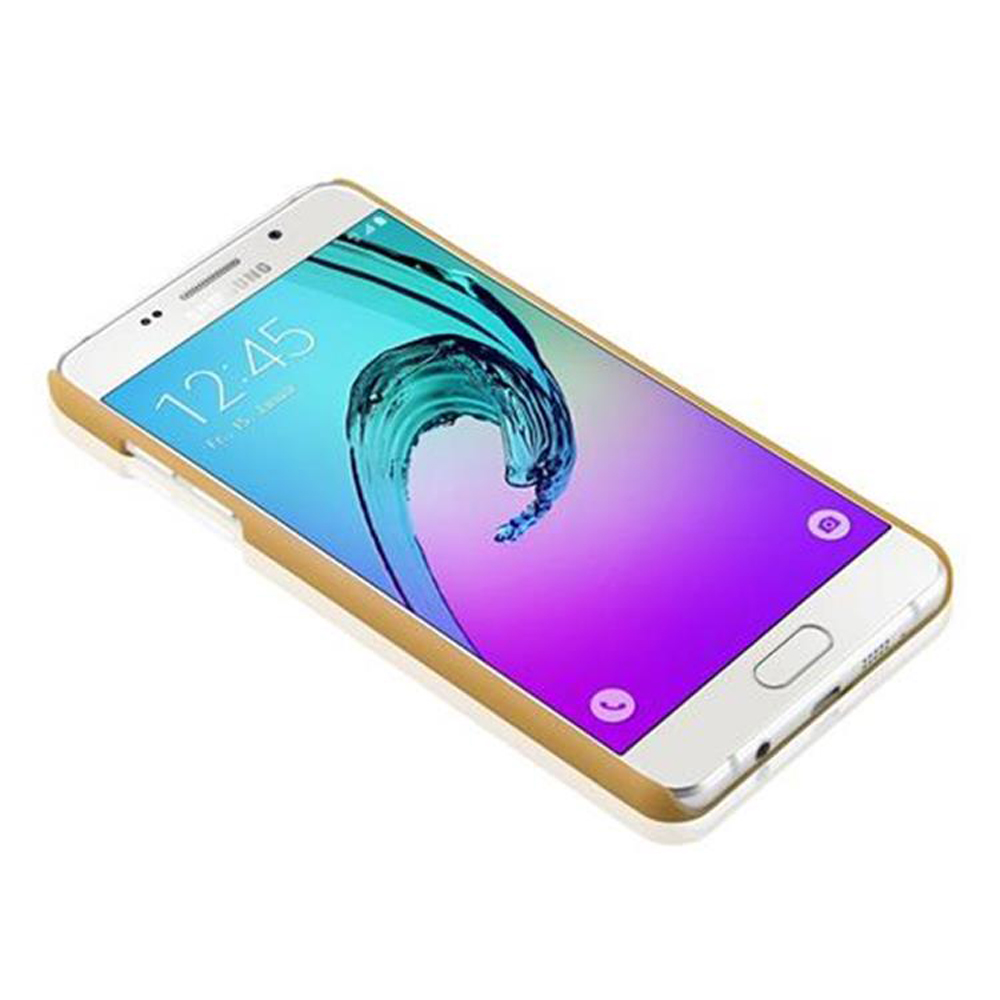 Ein weißes Smartphone mit einem goldenen Rand und einem bunten Hintergrundbild.