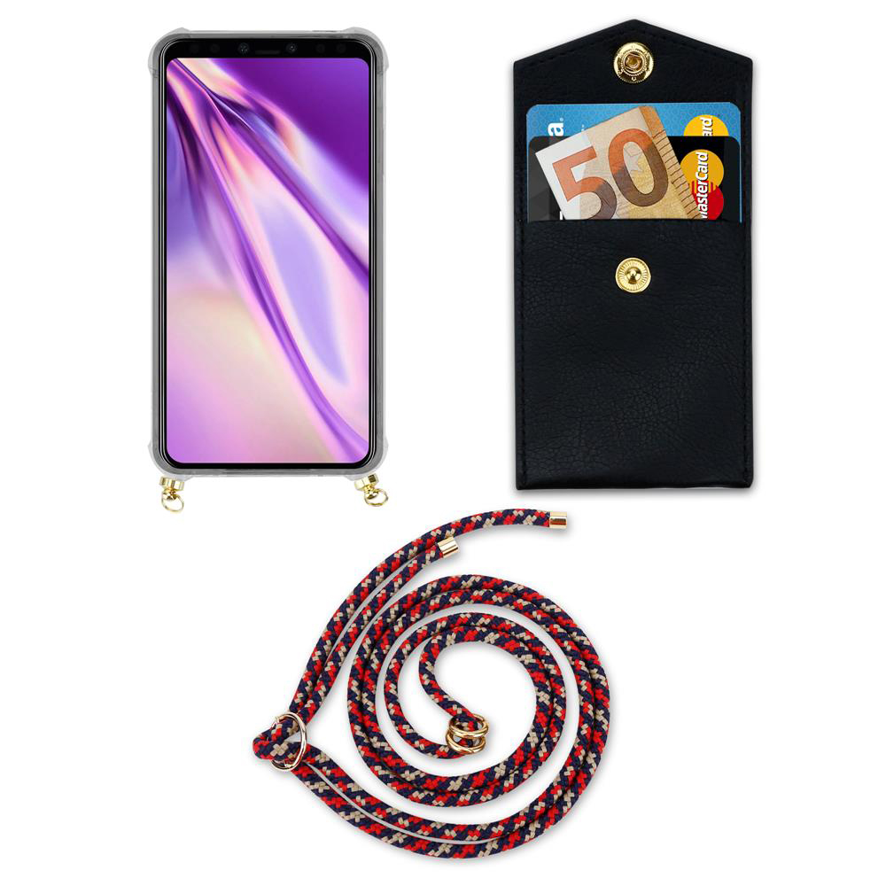 Ein Smartphone mit Hülle, eine schwarze Brieftasche mit Karten und Geldscheinen und eine Kordel.
