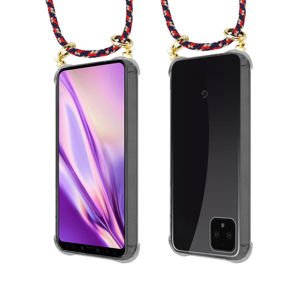 Ein Smartphone mit Trageband von vorne und hinten in einem transparenten Gehäuse.