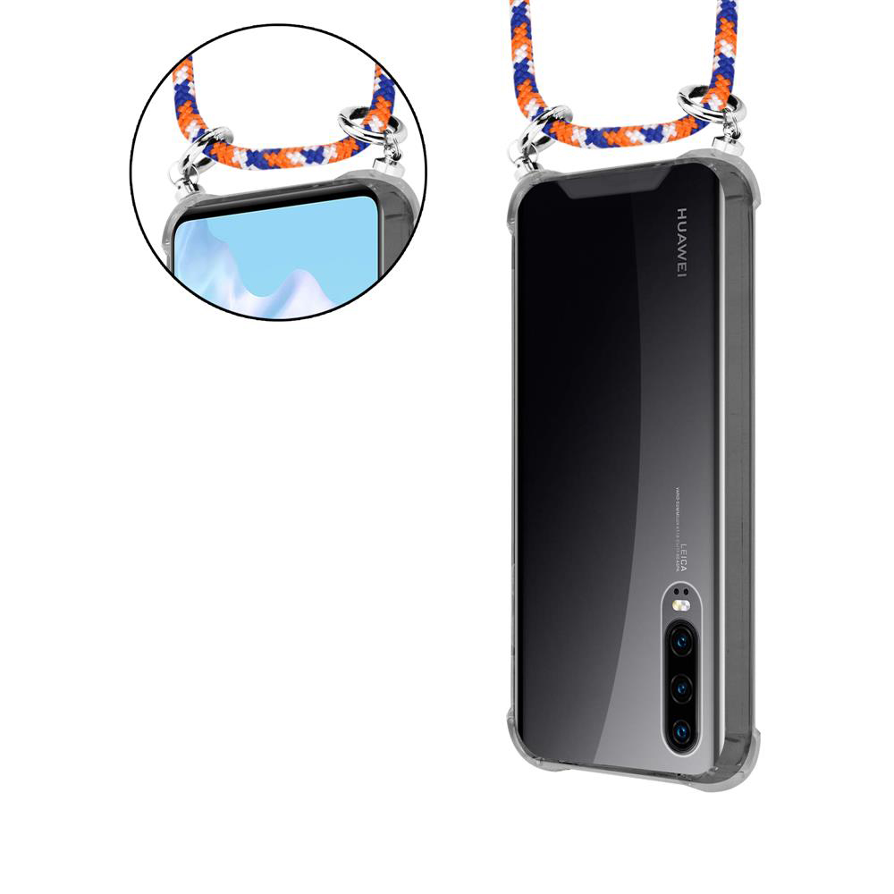 Smartphone in custodia trasparente con laccetto: viste frontale e posteriore.