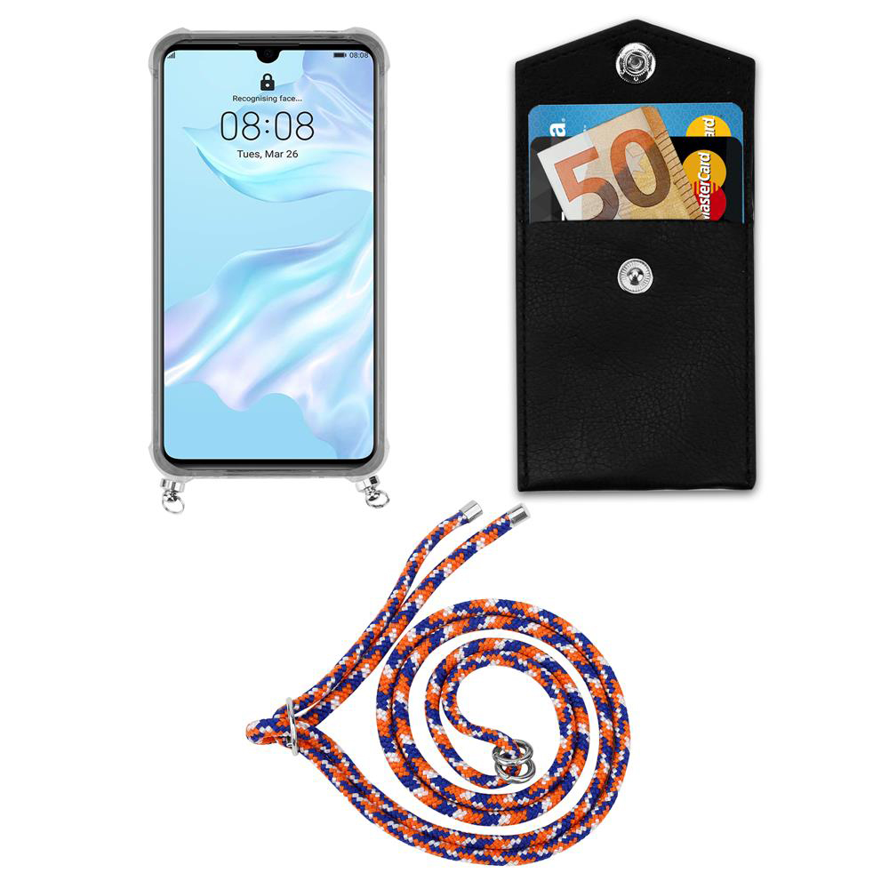 Uno smartphone, un portafoglio nero con soldi e carte, e un cordino.