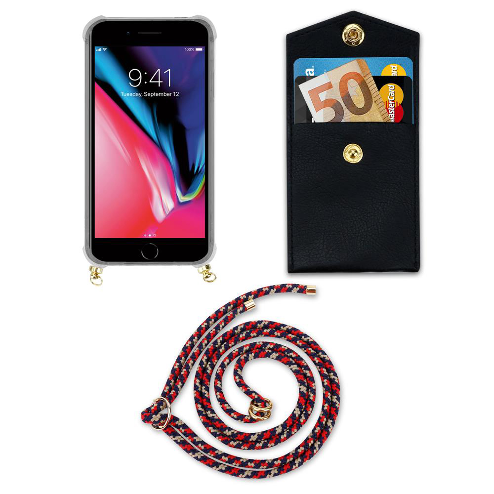 Uno smartphone in custodia, un portafoglio nero con carte e soldi e un cordino.