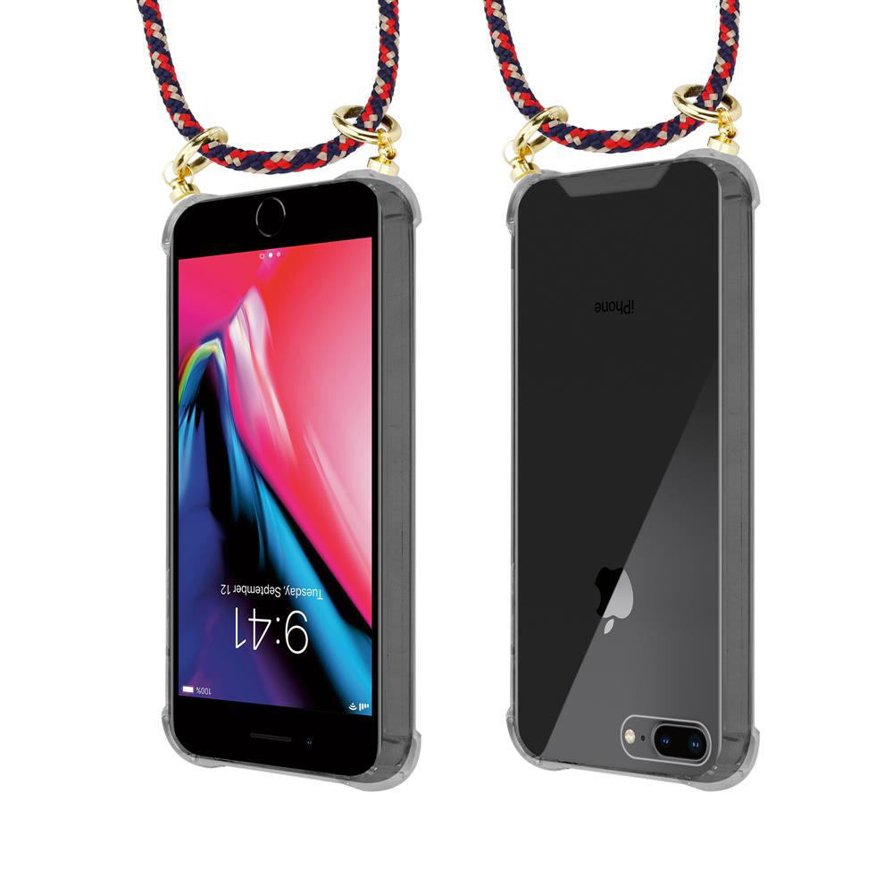 Due iPhone con laccetto. Uno mostra schermata blocco, l'altro il retro. Custodie trasparenti.